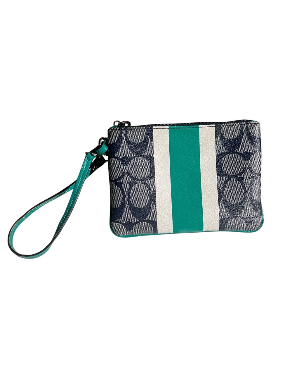 Coach Signature Stripe Wristlet in Teal, Navy & White